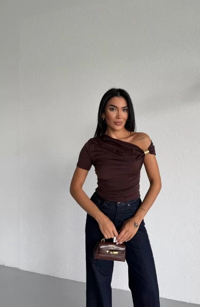 Kadın Kahverengi Degaje Yaka Bluz